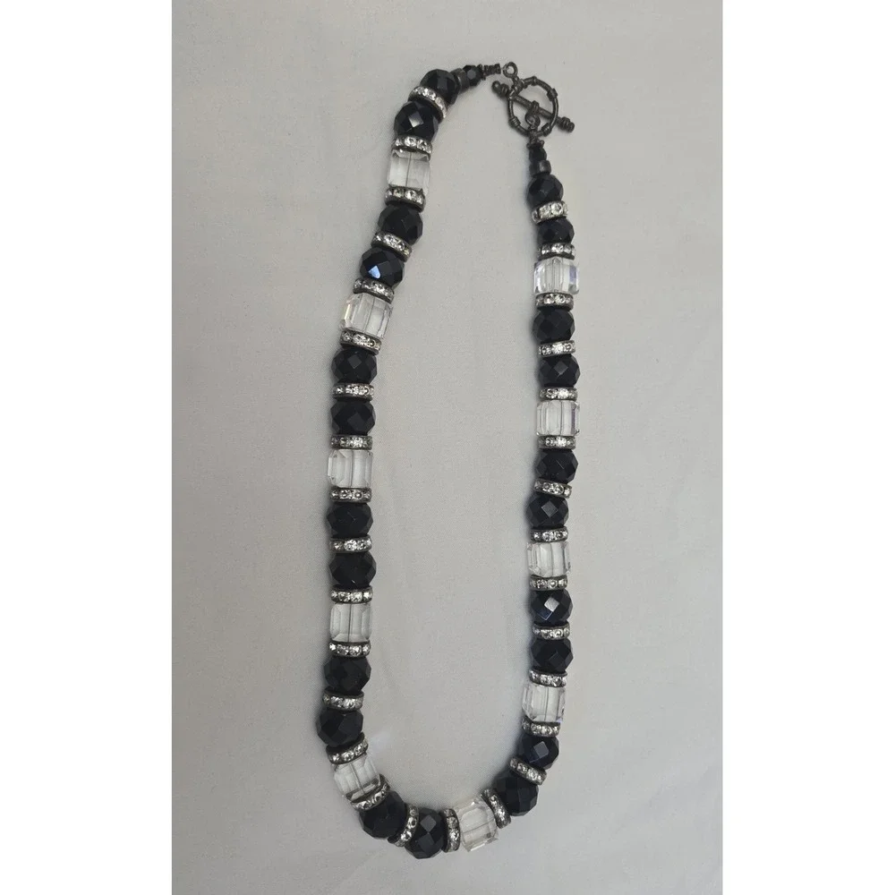 Black Clear Faceted Glass Beaded‎ Necklace Rhinestone Spacers 18